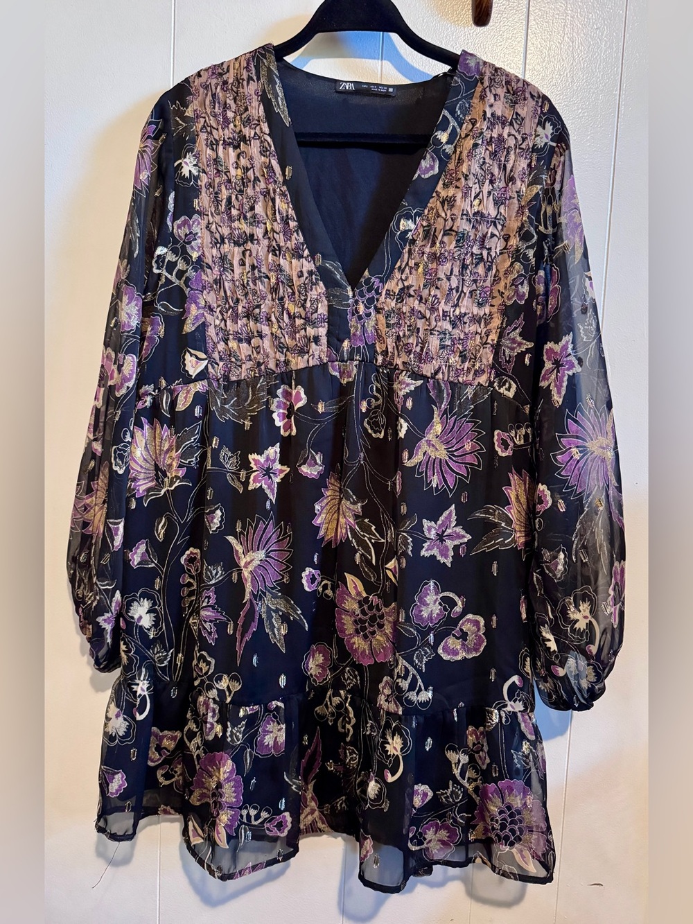 Zara Black Floral Mini Dress with Purple and Cream Accents